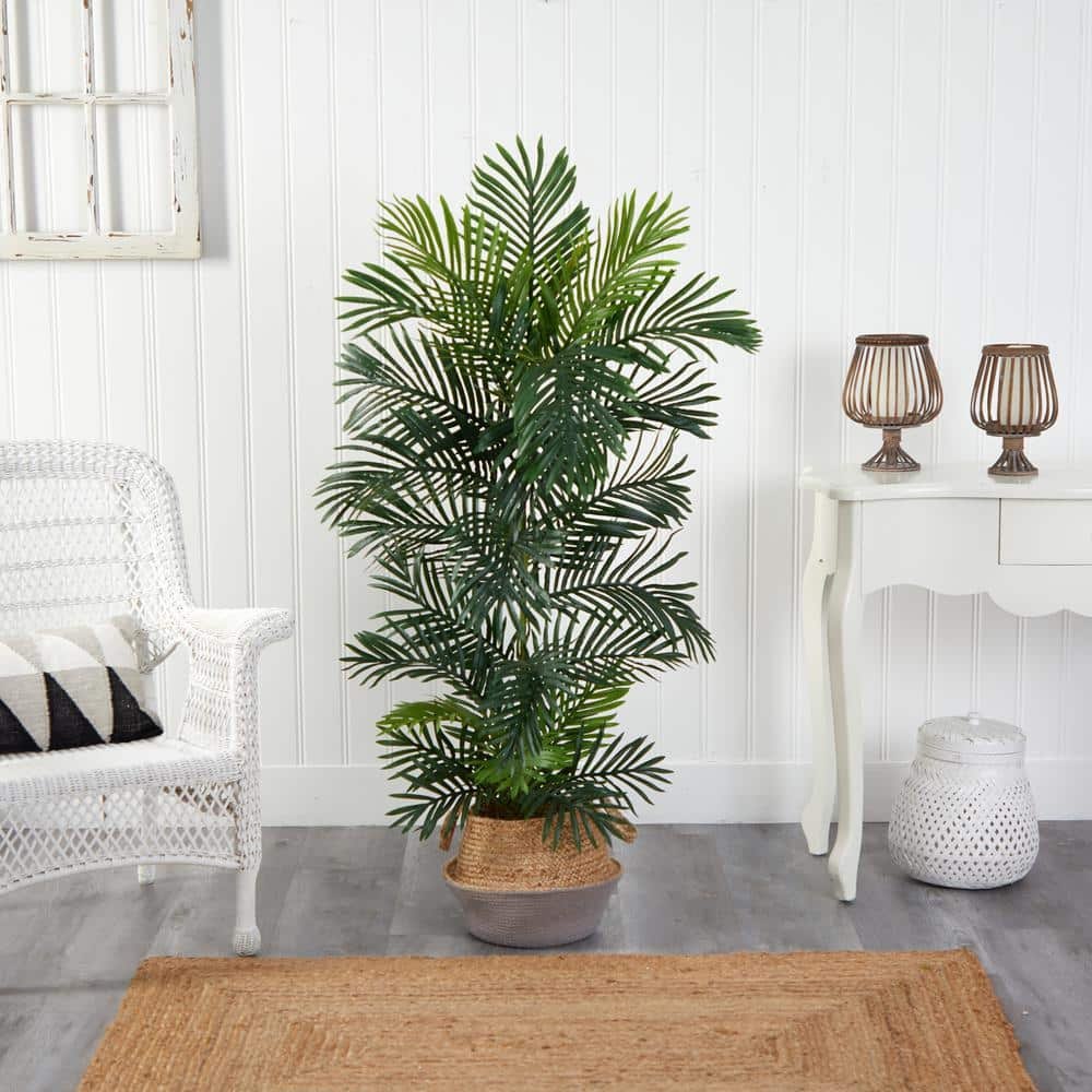 Nearly Natural 5 ft. Areca Artificial Palm Tree in Boho Chic Handmade Cotton and Jute Gray Woven Planter UV Resistant (Indoor/Outdoor) T2929