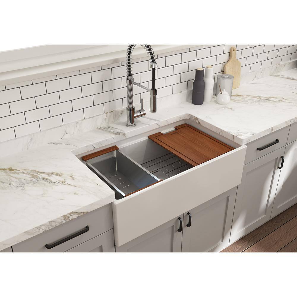 BOCCHI Step-Rim White Fireclay 33 in. Single Bowl Farmhouse Apron Front Workstation Kitchen Sink with Accessories 1504-001-0120