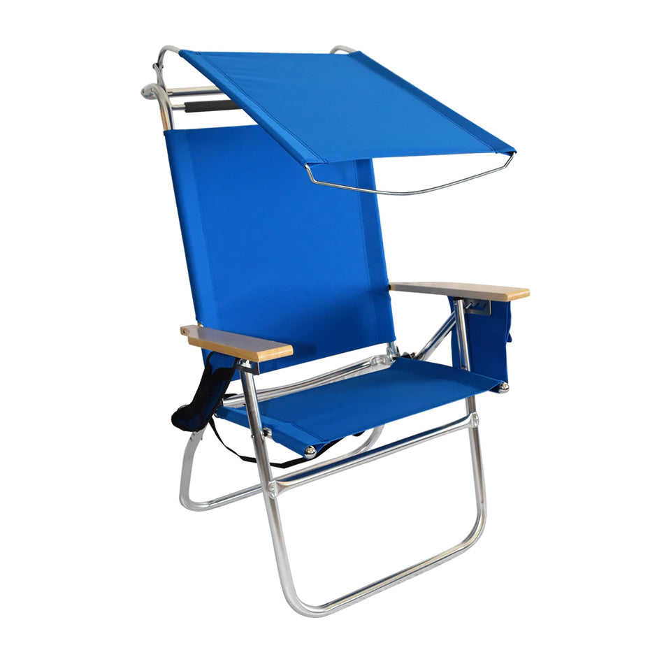 Big Tycoon Aluminum and Wood 4 Position Portable Folding Beach Chair with Canopy and Cupholder for Beach， Lake， Park， and Backyard