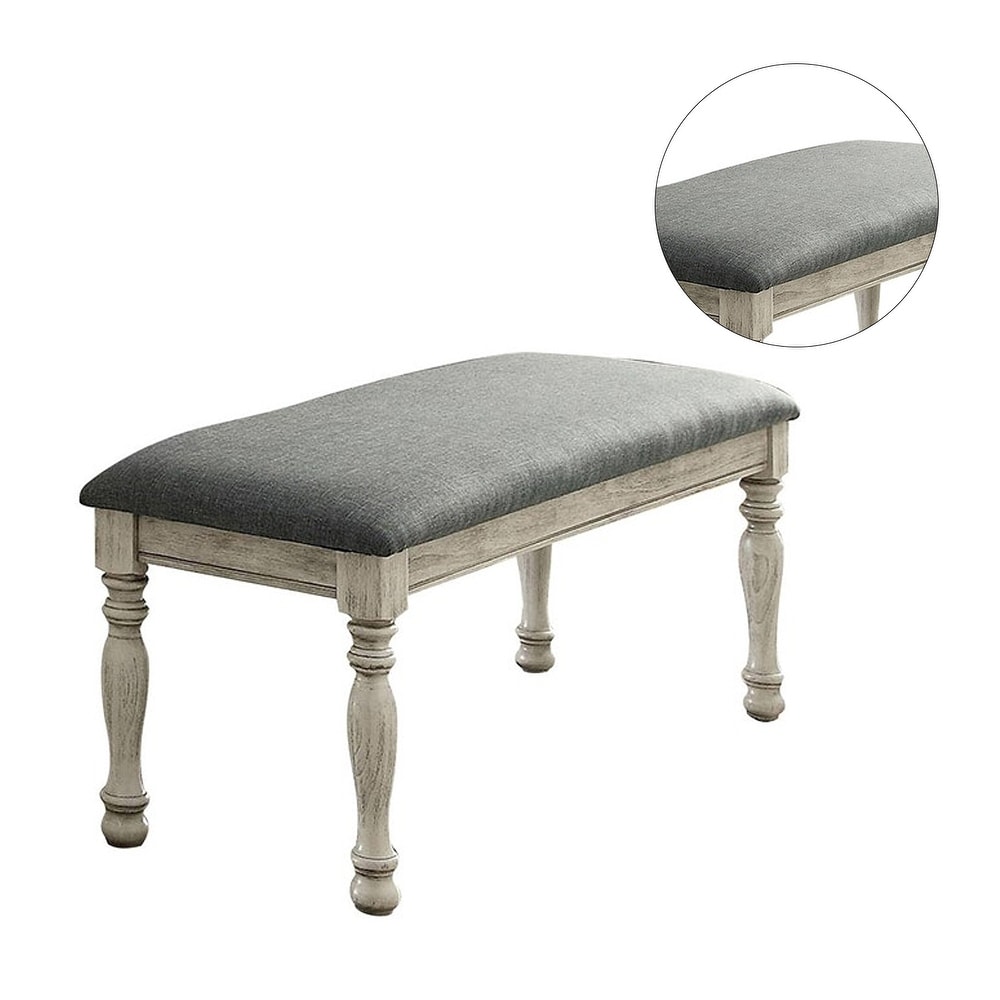 Fabric Padded Dining Bench in Antique White and Gray Finish