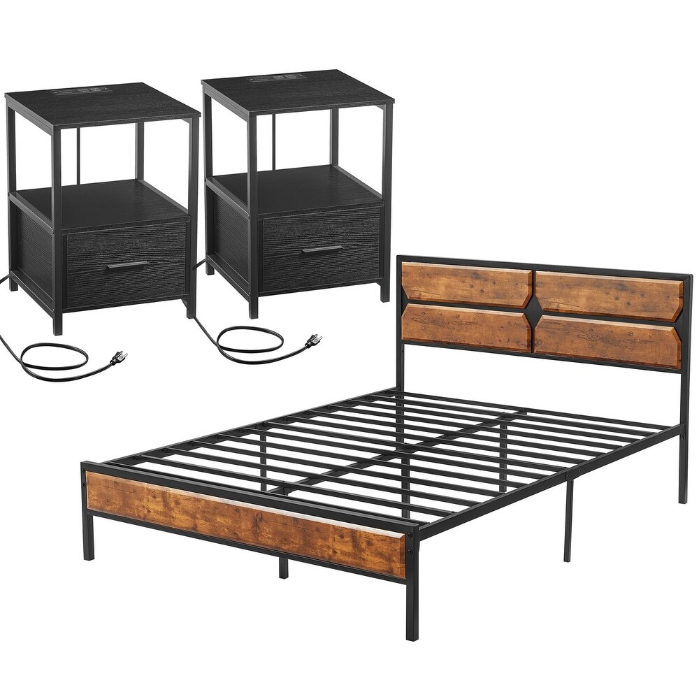 Industrial 3 Piece Vintage Brown Bed Frame and Charging Station USB Port Nightstands Set of 2