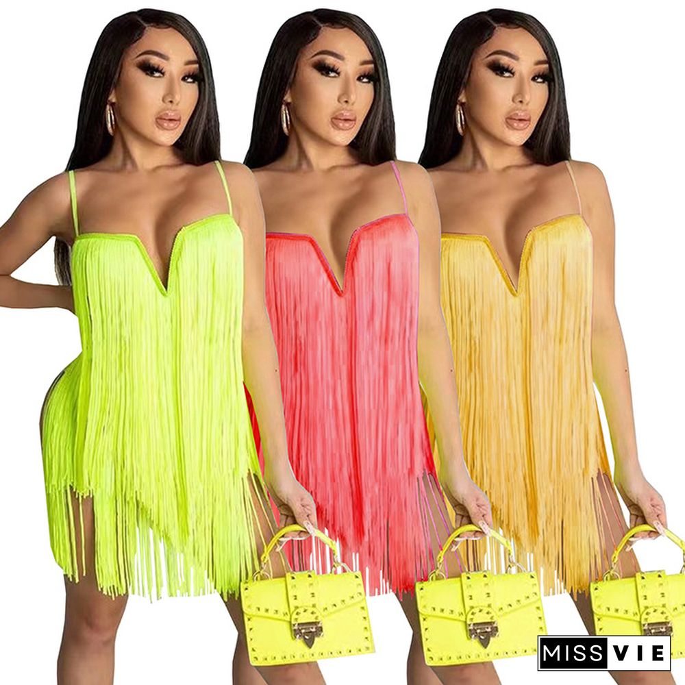 Sexy Solid Color Club Tassel Fringe V Neck Bodycon Mini Dress