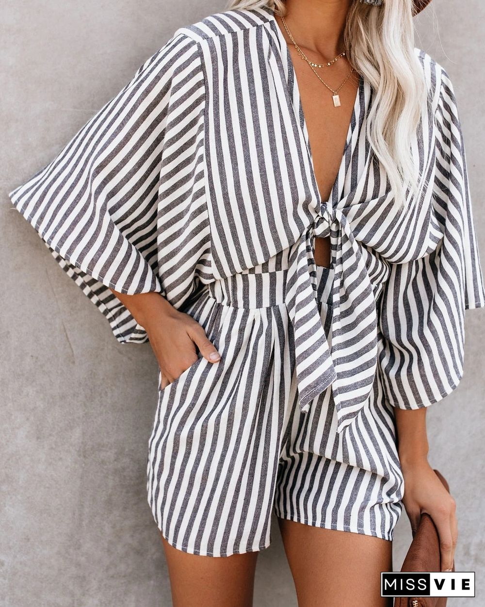 Casual Deep V Neck Front Tie Loose Mini Jumpsuit