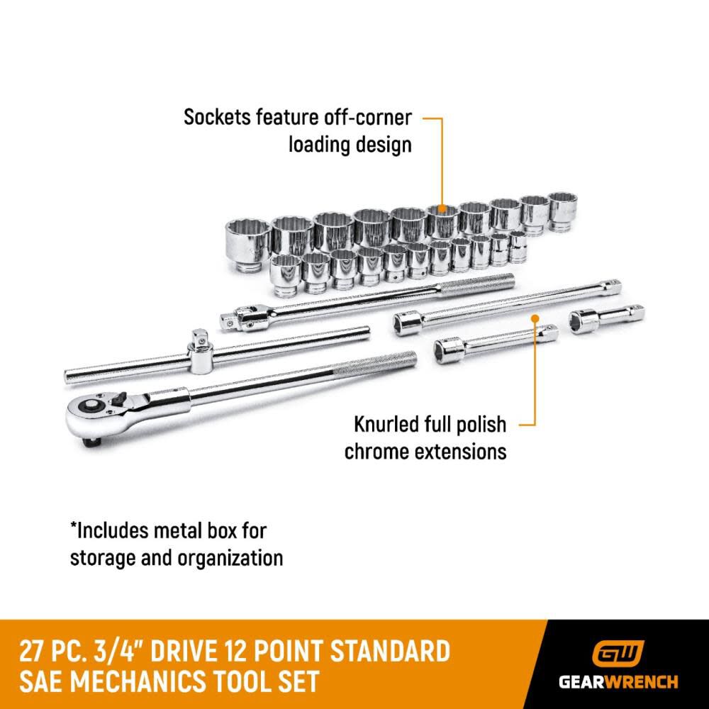 GEARWRENCH Mechanics Tool Set 27 pc. 3/4 In. Drive 12 Point SAE 80880 from GEARWRENCH