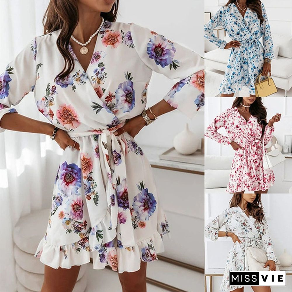 Fall Fashion Floral Print V-neck Long Sleeve Slim Mini Dress Ladies Elegant Vestidos