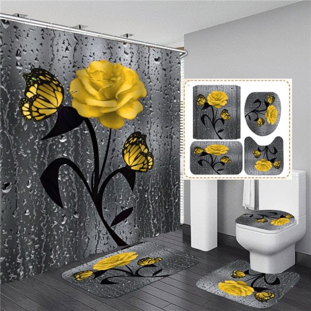 5 Colors Rose Print 3D Waterproof Polyester Shower Curtain or Anti-slip Bath Mat Set