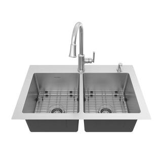 American Standard Raviv Stainless Steel 32 in. Double Bowl Drop-In Kitchen Sink 18DB000132C2.075