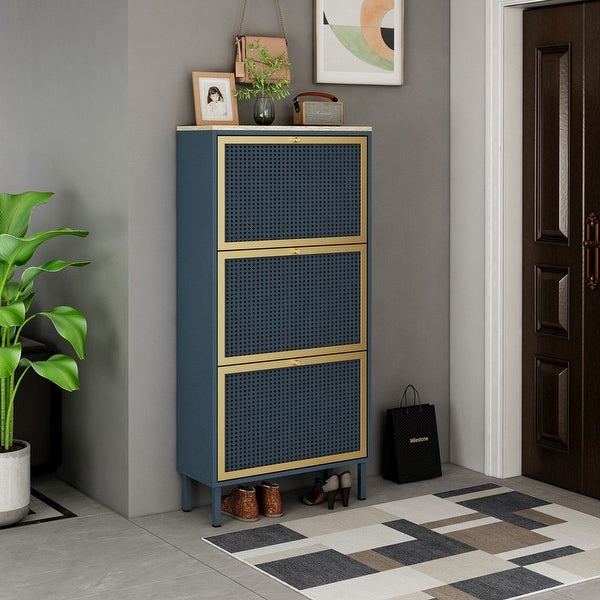 Blue Natural Rattan 3 Door Shoe Cabinet Shoe Rack - - 36574429