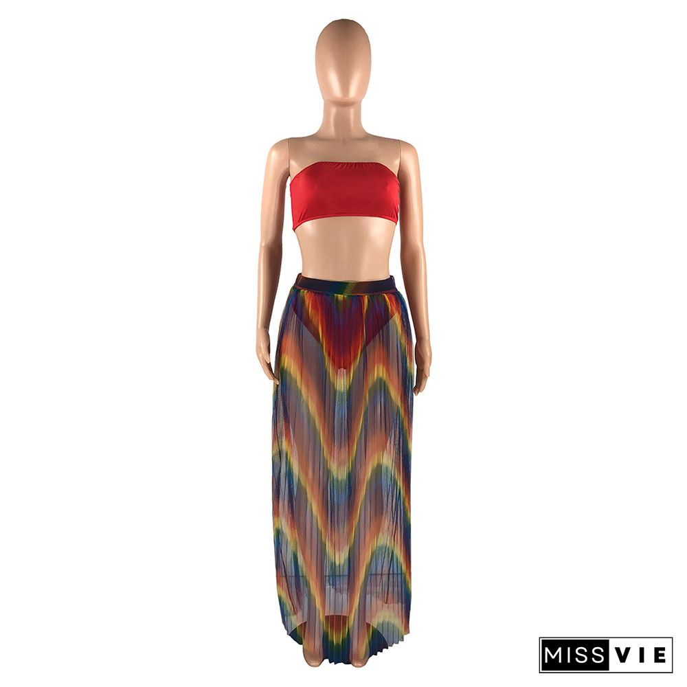 Sexy Off The Shoulder Wrap Chest Crop Top+Underpants+Rainbow Ruched Maxi Skirts Summer Bohemian 3 Piece Set