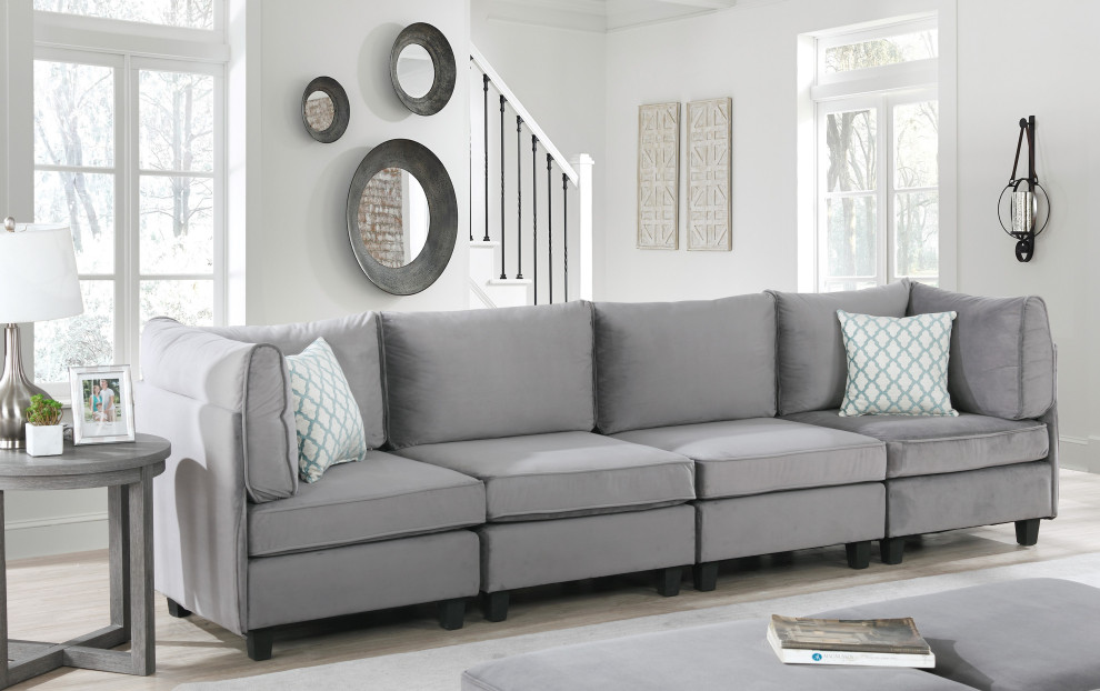 Zelmira 4 Piece Sofa  Gray Velvet Fabric 4 Seats Couch   Transitional   Sectional Sofas   by Lilola Home  Houzz