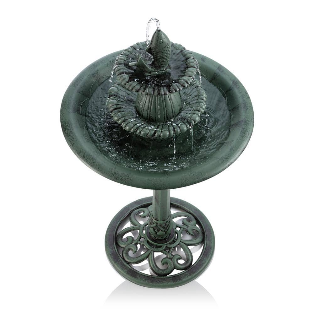 Alpine Corporation 40 in. Tall Outdoor 3-Tiered Pedestal Water Birdbath with Fish Design Floor Fountain, Green TEC104