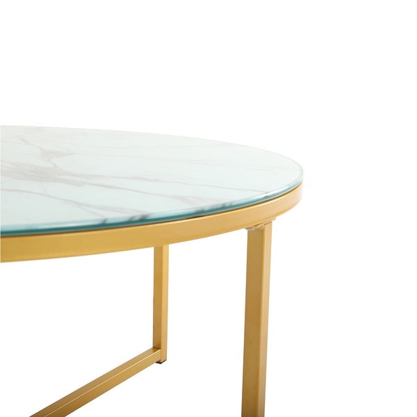 EPOWP Cross Legs Glass Coffee Table with Metal Base， Marble White Top and Golden