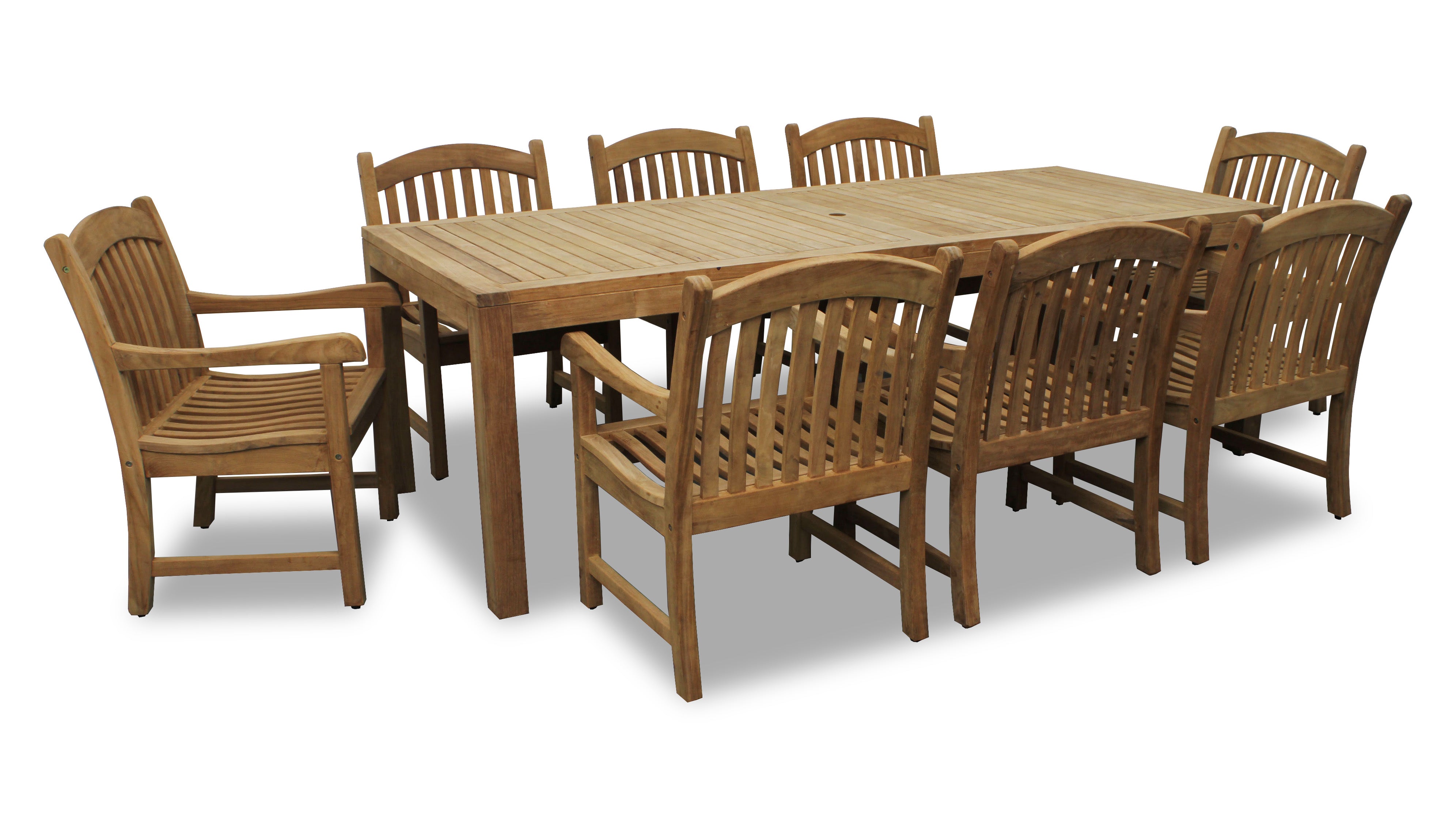 Rinjani Teak 9pc Outdoor Dining Set (Teak 94 Rectangular Table with 8 Tista Teak Armchairs +FREE Cushions)