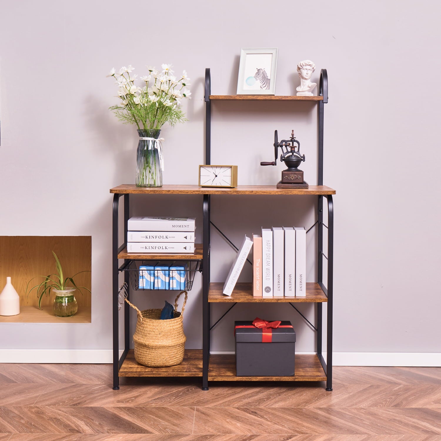 EXCITED WORK (Brown) Kitchen Bread Rack， Practical Storage Rack， Microwave Oven Stand， 5 Shelves with Wire Basket， 5 Hook Storage Rack Workstations