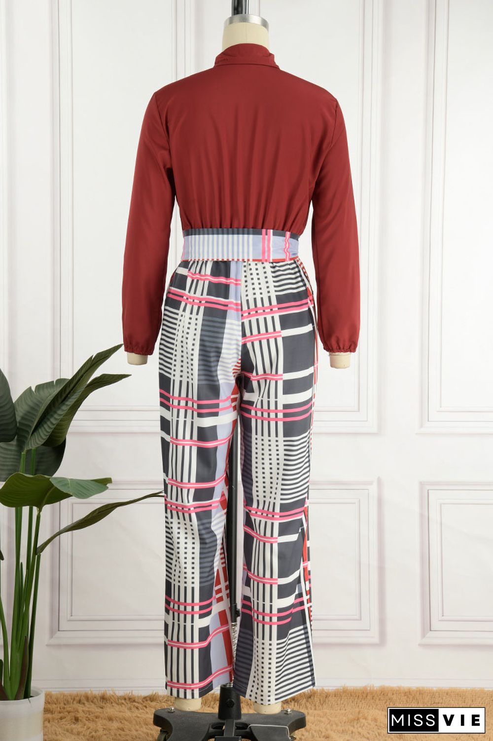 Green Casual Print Patchwork Buckle With Belt Straight Jumpsuits