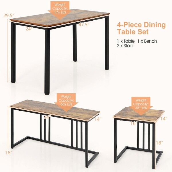 4 Pieces Industrial Dining Table Set with Bench and 2 Stools-Brown - 47.5