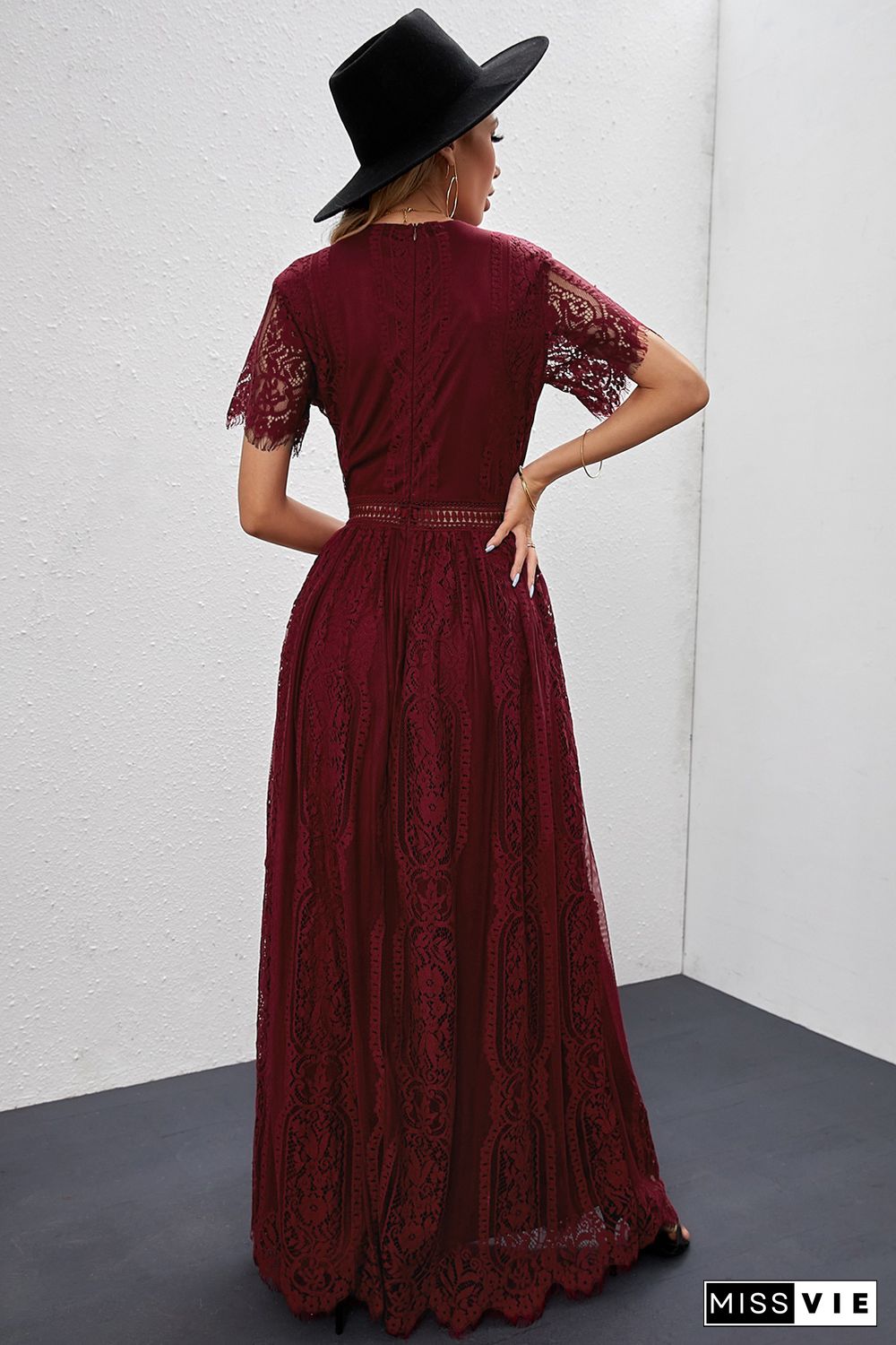 Burgundy Deep V Neck Short Sleeve Lace Maxi Dress