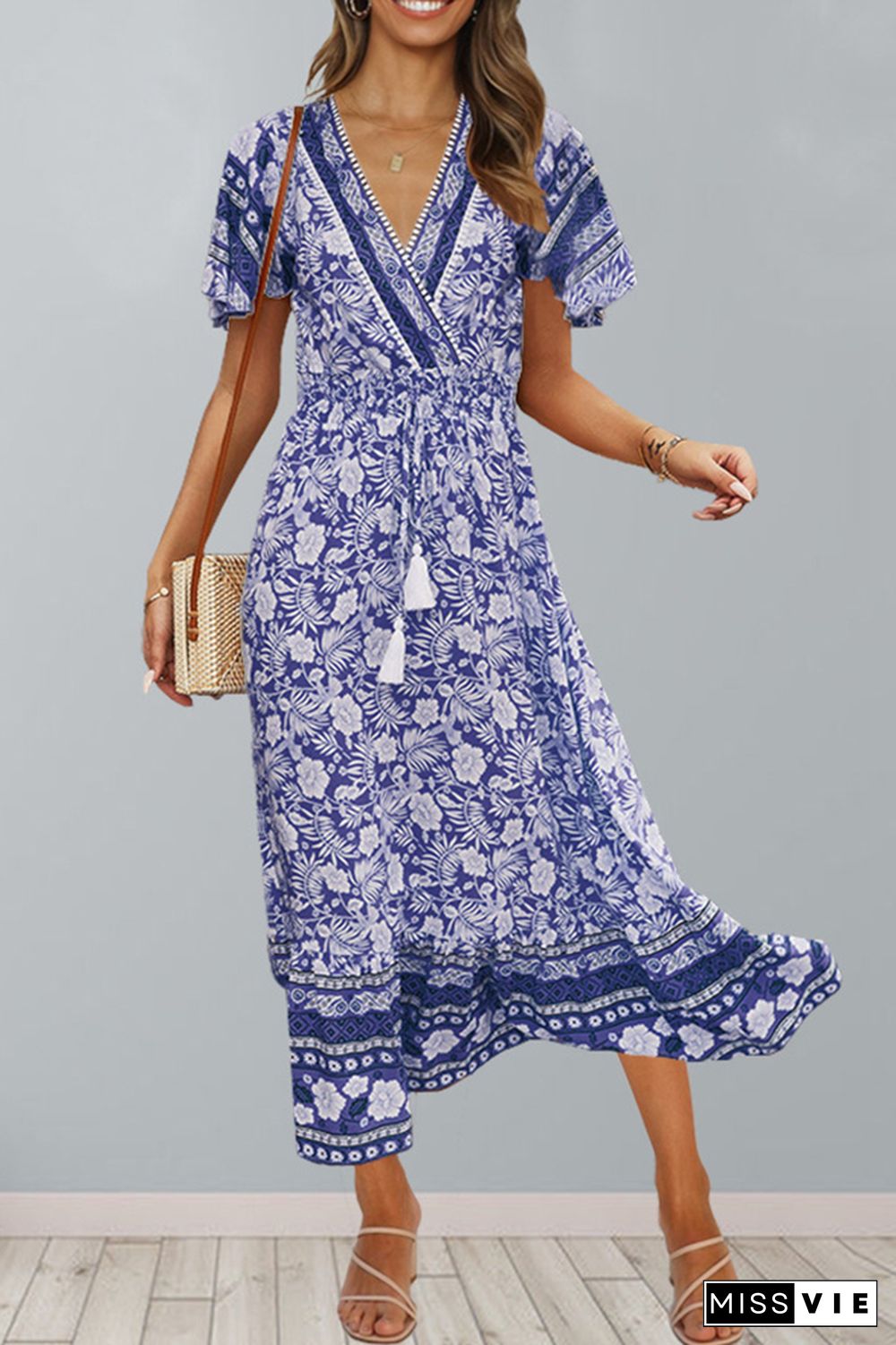 Vintage Floral Print Drawstring Tassel V-neck Dress for Beach Wholesale