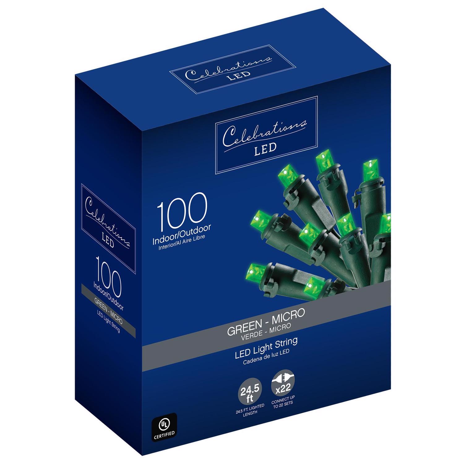 Celebrations LED Micro/5mm Green 100 ct String Christmas Lights 24.5 ft.