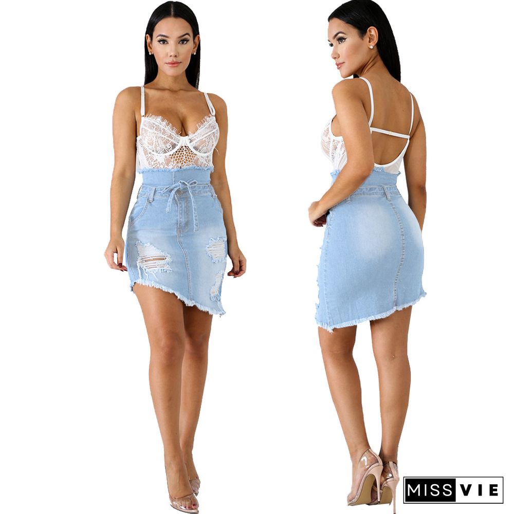 Summer New Women's Pocket Hole Tassel Stretch Fit Irregular Frayed Hem Denim Jean Lady Skirt