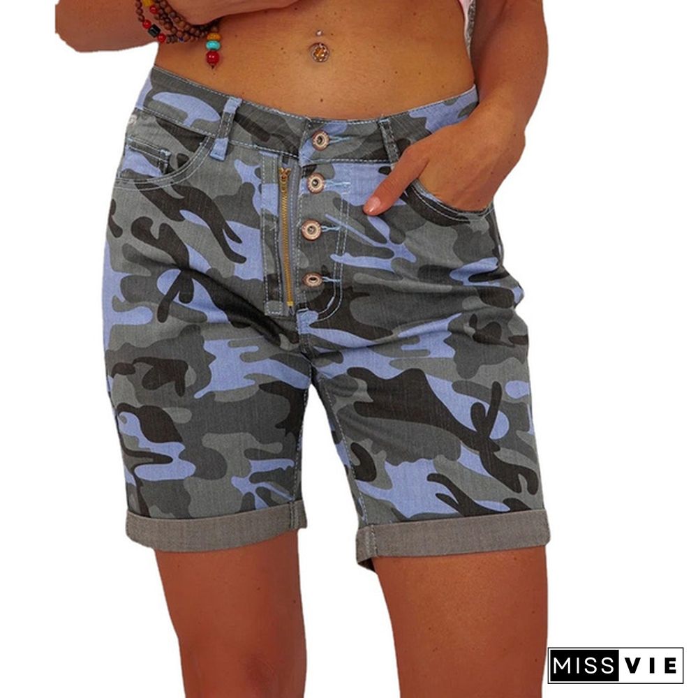 Women Summer Denim Shorts Button Zipper Camouflage Printing Slim Stretch Jeans Shorts