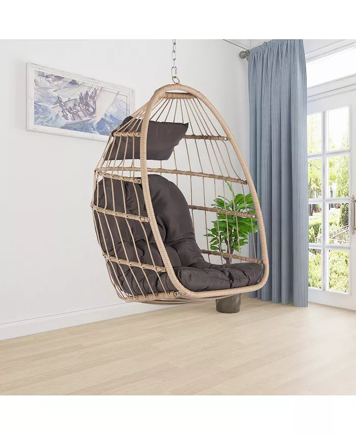 Simplie Fun Outdoor Garden Rattan Egg Swing Chair Hanging Chair Wood andDark Gray