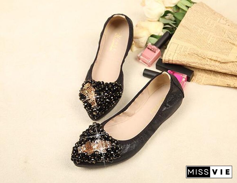 Woman Sequined Flat Shoes Elegant Rhinestone Fashion Foldable Flats