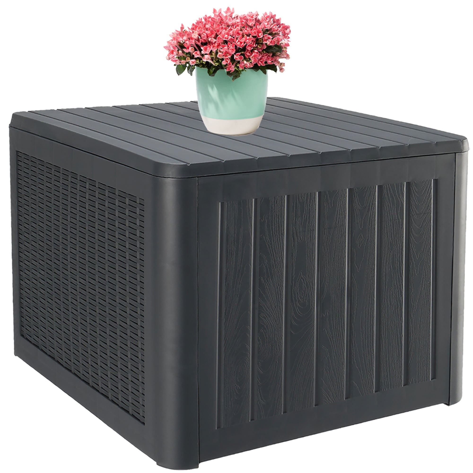 Seizeen Outdoor Storage Box, 36Gal Patio Deck Box for Outside Waterproof, Plastic Storage Stool Box for Tool Toy Garden Poolside, Gray Wood Grain & Rattan Surface