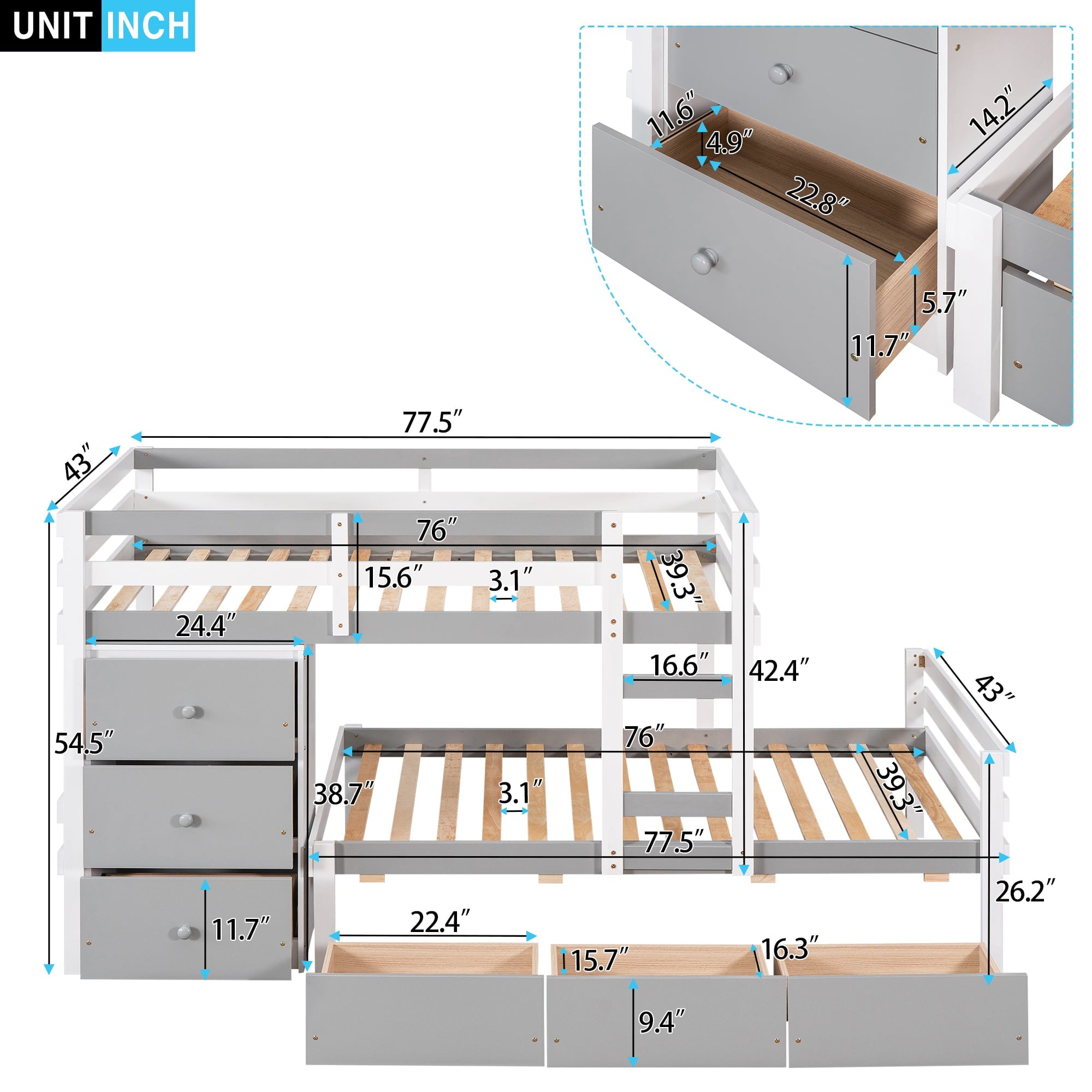 Twin over Twin Bunk Bed with Six Drawers for Kids Room, Gray