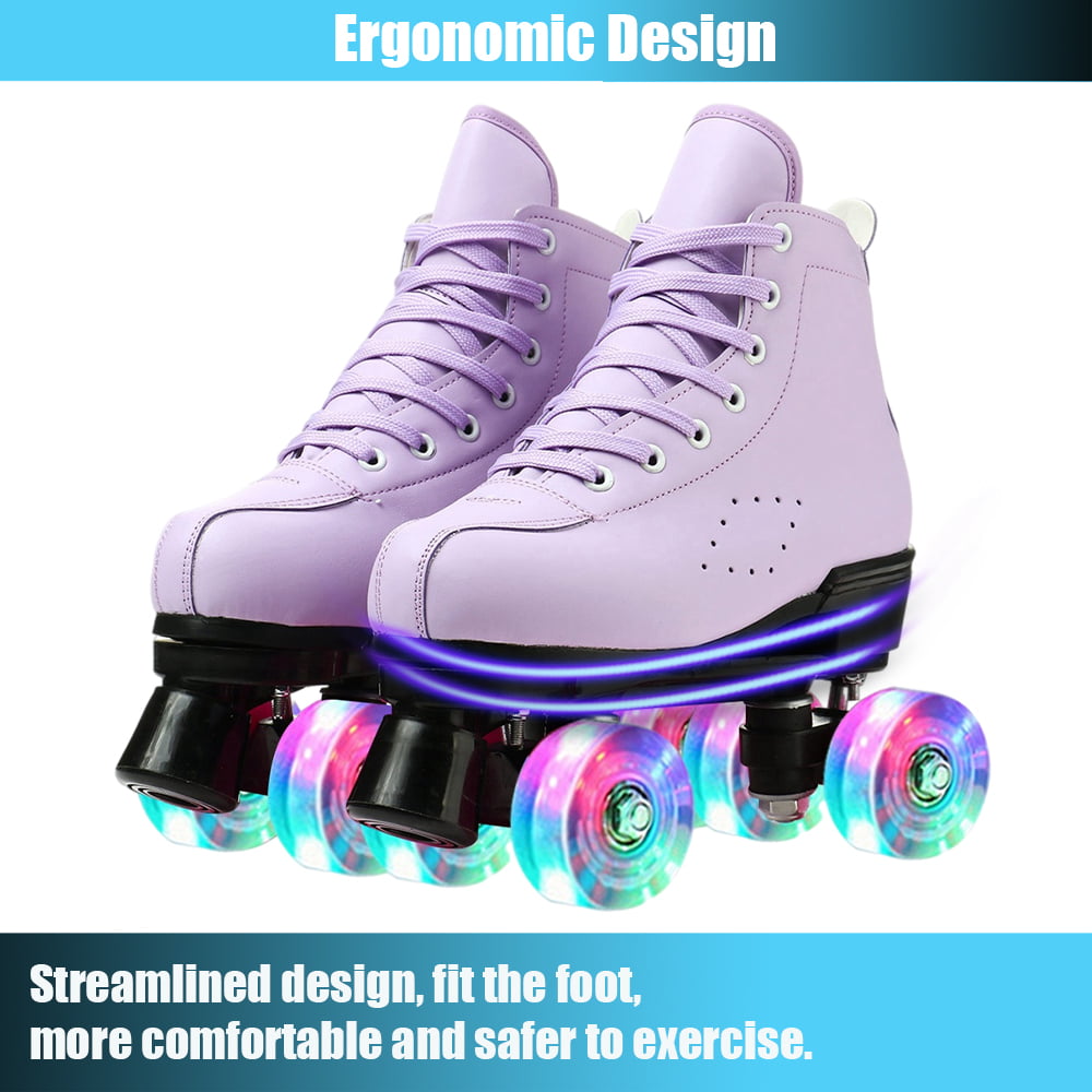 Classic Roller Skates for Adult Cozy Lace-up Quad Skates Retro Double-Row Four Wheels Skates Indoor Outdoor Shiny Roller Skates for Beginner Youth， Purple， 6.5