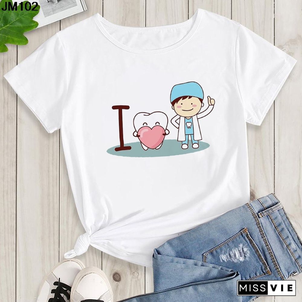 Aesthetic Funny Tooth Dentist Print Female Clothing T-shirt 90s Harajuku Kawaii O-neck Tshirt Summer Fashion Women's Top T Shirt