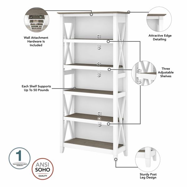 Bush Furniture Key West Tall 5 Shelf Bookcase in Pure White and Shiplap Gray