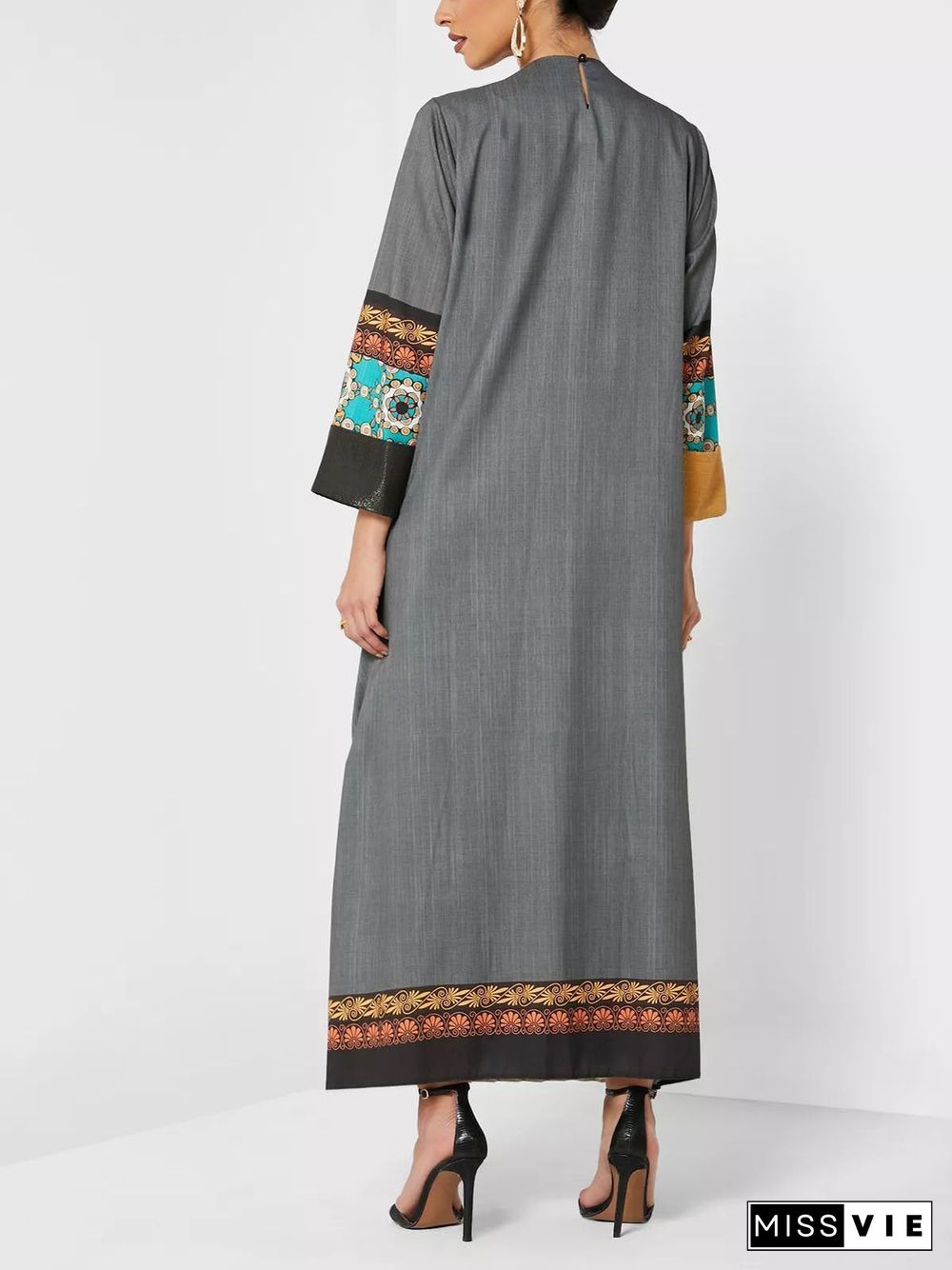 Gray Pleated Printed Long Sleeve Robe Dress