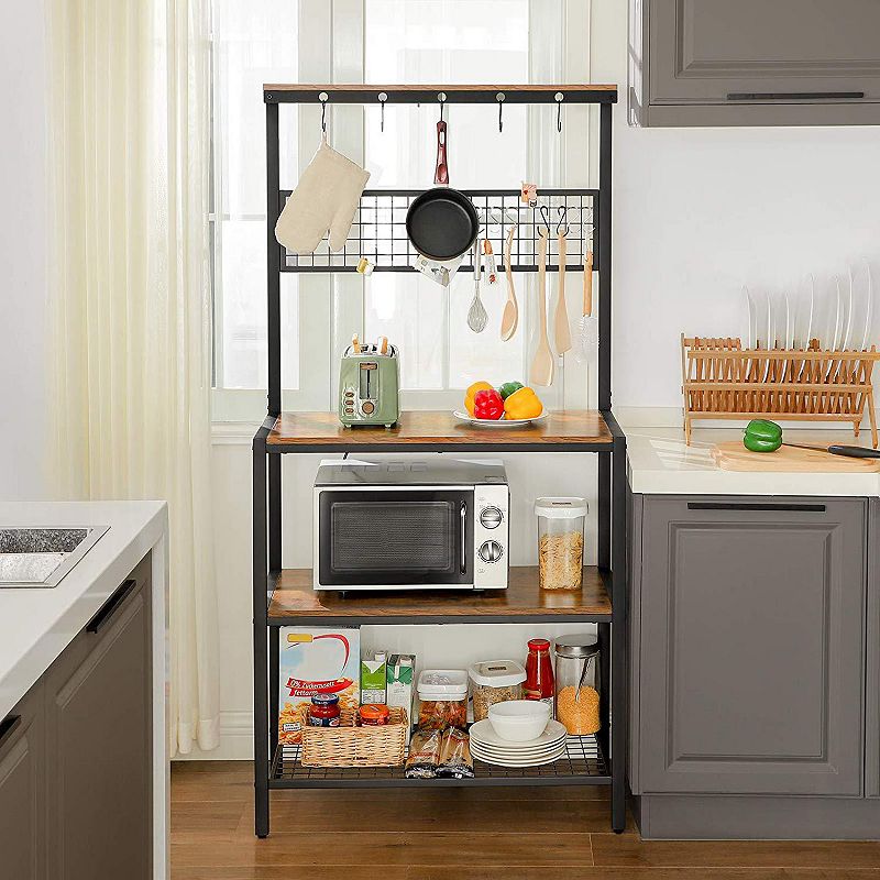 Kitchen Bakers Rack Cupboard With 10 Hooks， Mesh Panel， 3 Shelves