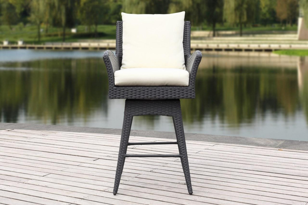 Casey Outdoor Wicker Swivel Armed Counter Stool Black / Beige Set of 2   Tropical   Outdoor Bar Stools And Counter Stools   by AED Luxury Home Decor  Houzz