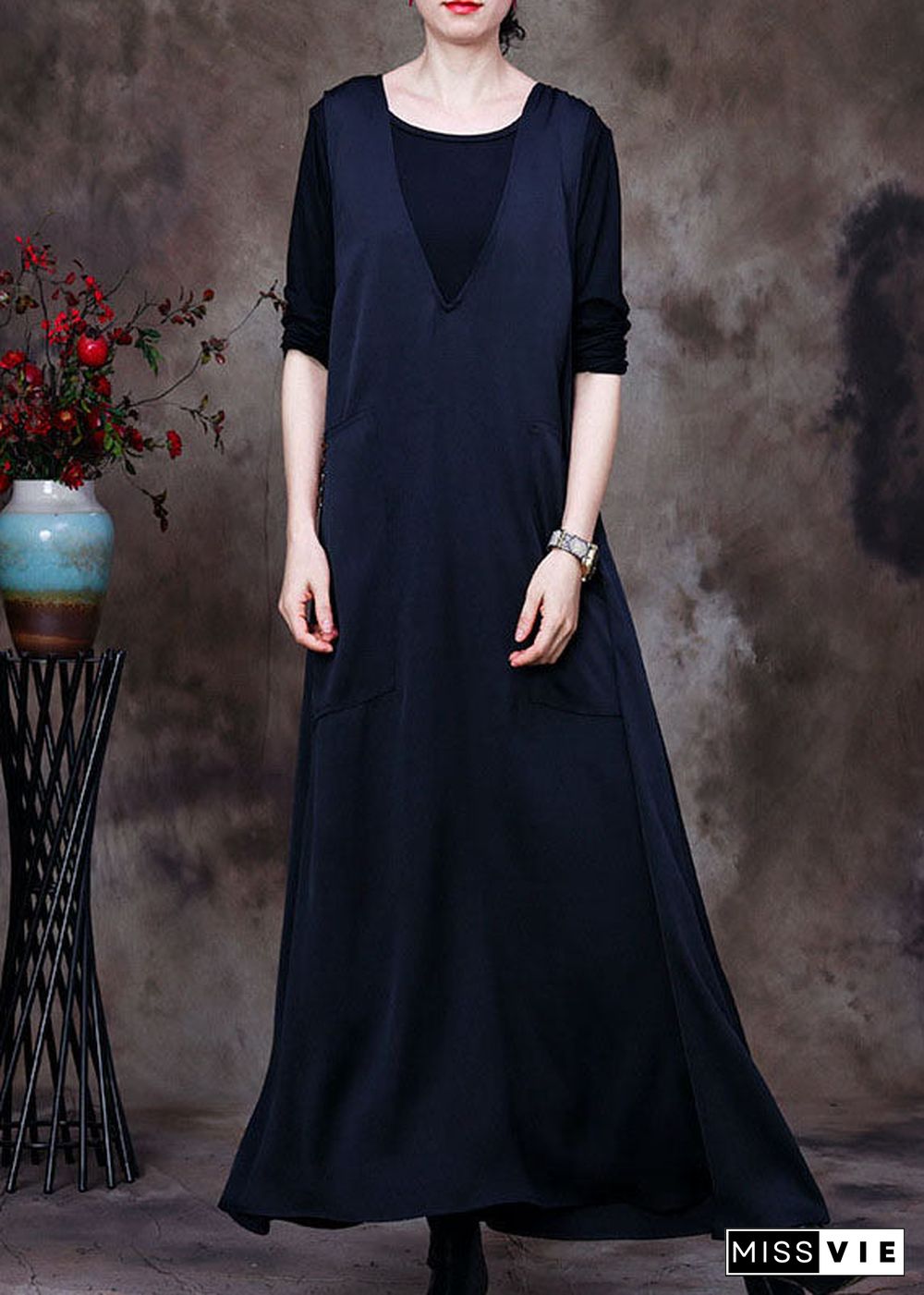 Fashion Black V Neck pockets Silk Maxi Dresses Sleeveless