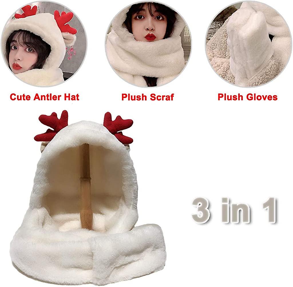 3 In 1 Hat Gloves Scarf Cute Plush Antler Hat Winter Warm Animal Hood Hat For Women Girls Christmas Costume Dress Up White -