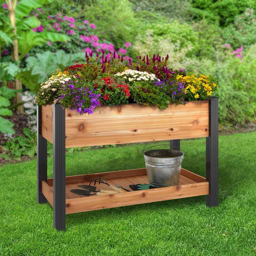 Outdoor Essentials Haven 2 ft. x 4 ft. Natural Cedar Elevated Garden Bed with Shelf (Vinyl Legs) 482124