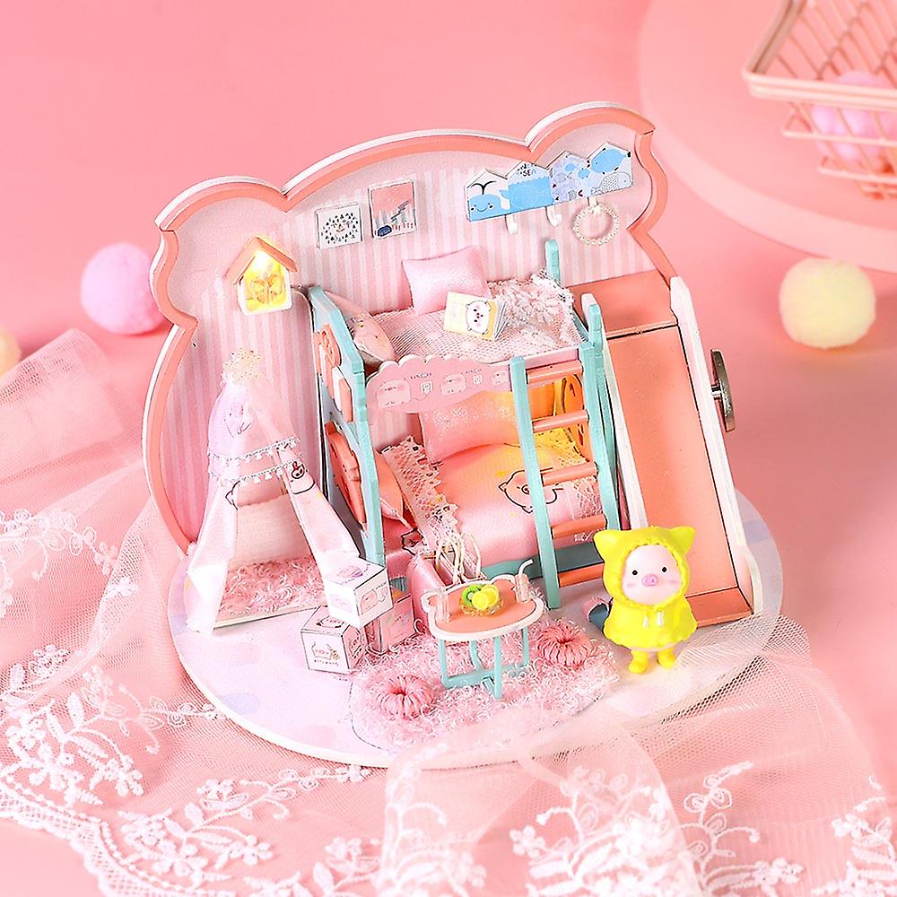 Diy Doll House Toy Wooden Miniatura Kit Dollhouse Toys With Furniture Kit Led Christmas Birthday Gift Pink