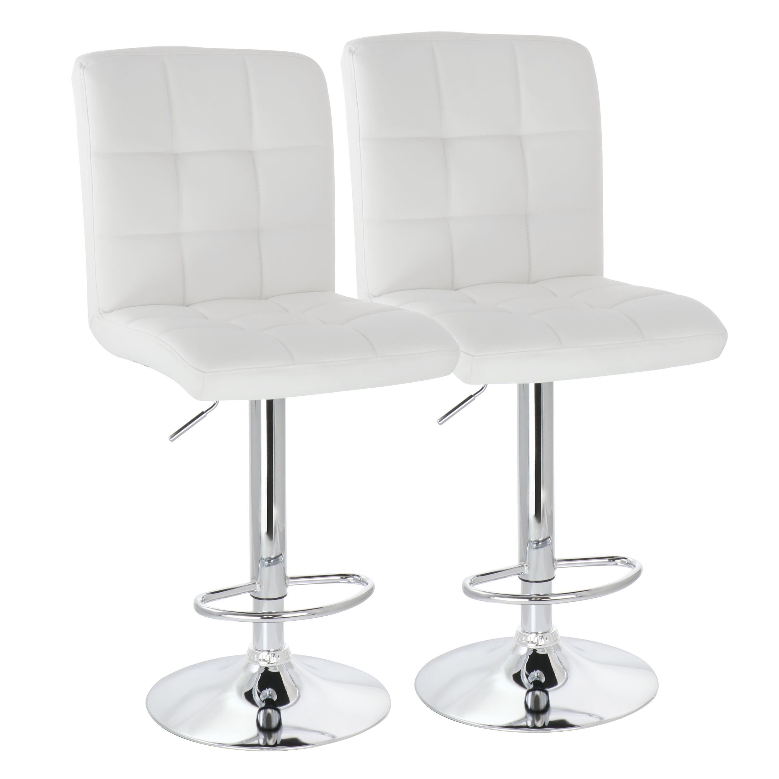 2 Piece Square Tufted Faux Leather Adjustable Bar Stool in White with Chrome Base