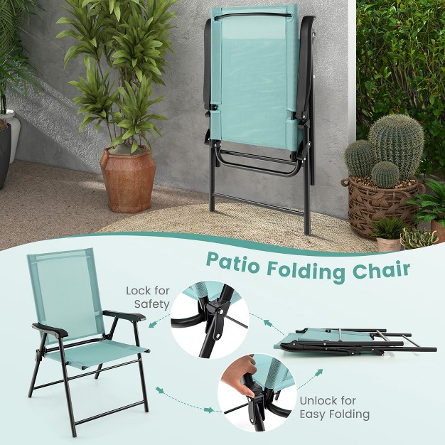 Costway Patio Folding Sling Back Chair Portable Armrests Metal Outdoor Dining Green