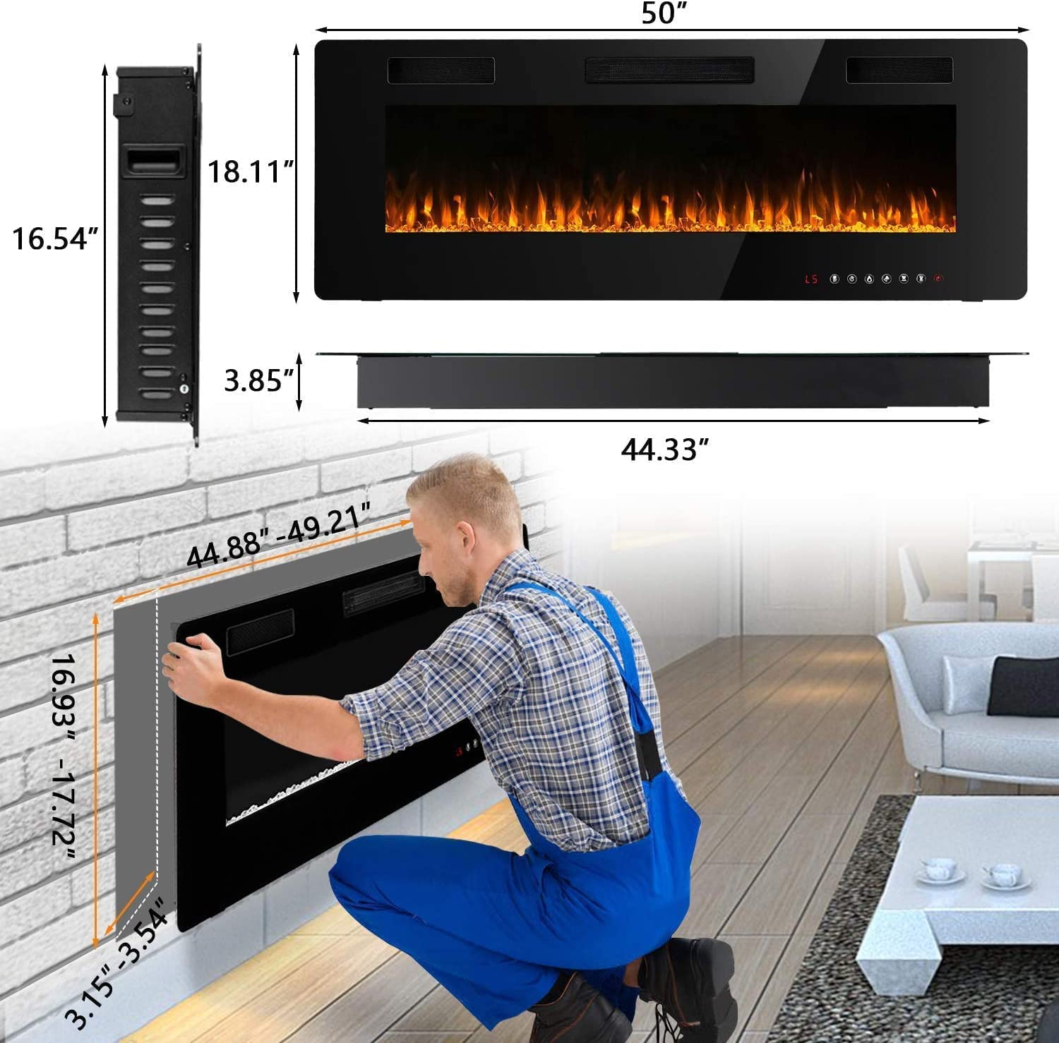 BOSSIN 50 inch Electric Fireplace, Recessed Wall Mounted Electric Fireplace inserts,Ultra Thin Adjustable Flame Colors & Speed Fireplace with Touch Screen and Remote Control