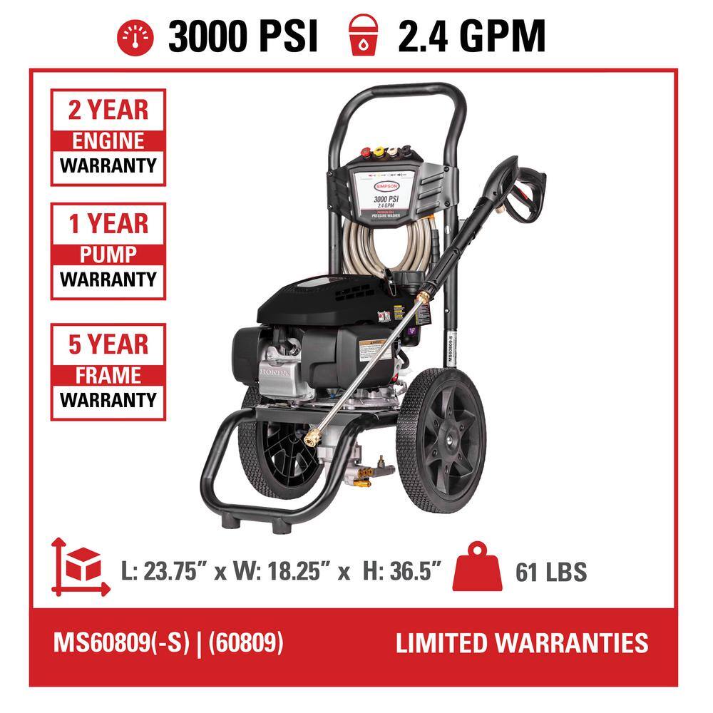 SIMPSON MegaShot 3000 PSI 2.4 GPM Gas Cold Water Pressure Washer with HONDA GCV170 Engine MS60809