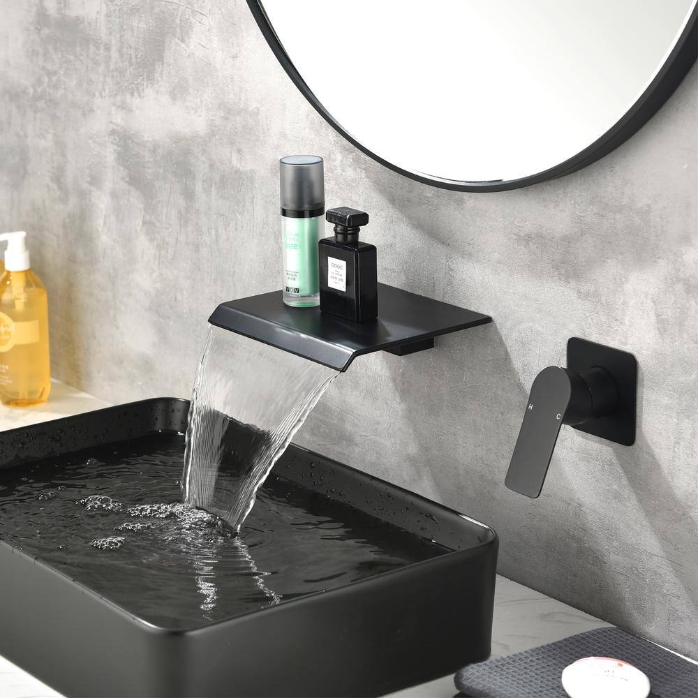 UKISHIRO Miko Single-Handle Wall Mounted Waterfall Bathroom Faucet with Valve in Matte Black SMD00JI22052716