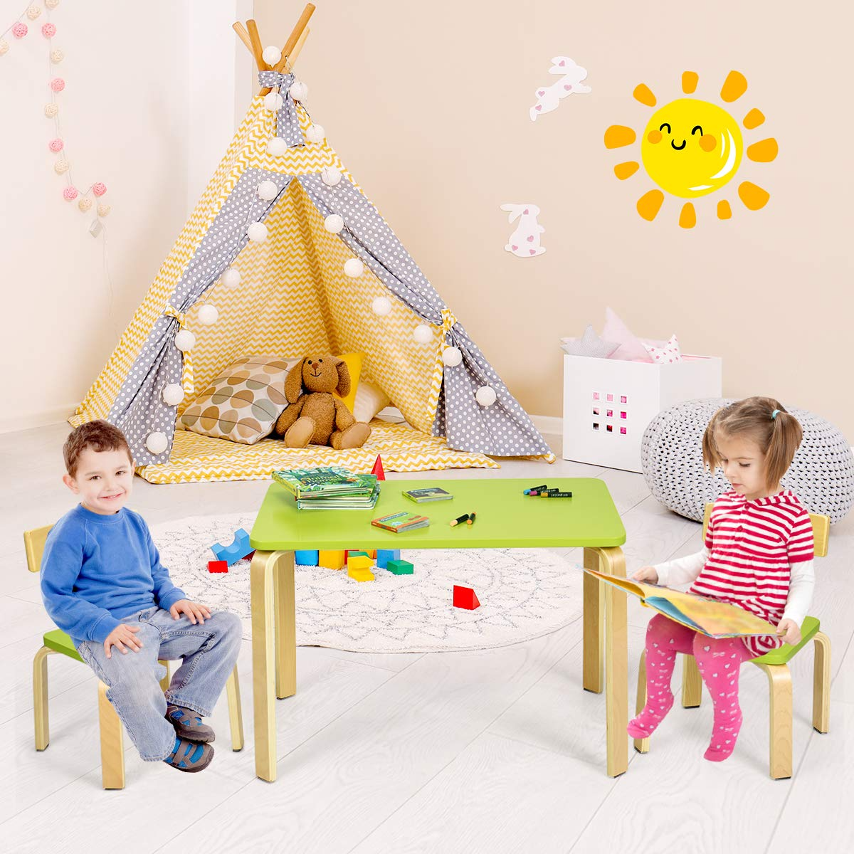 Costzon Kids Table and Chair Set, Wood Table and Chairs for Toddlers Reading, 3 Piece Furniture