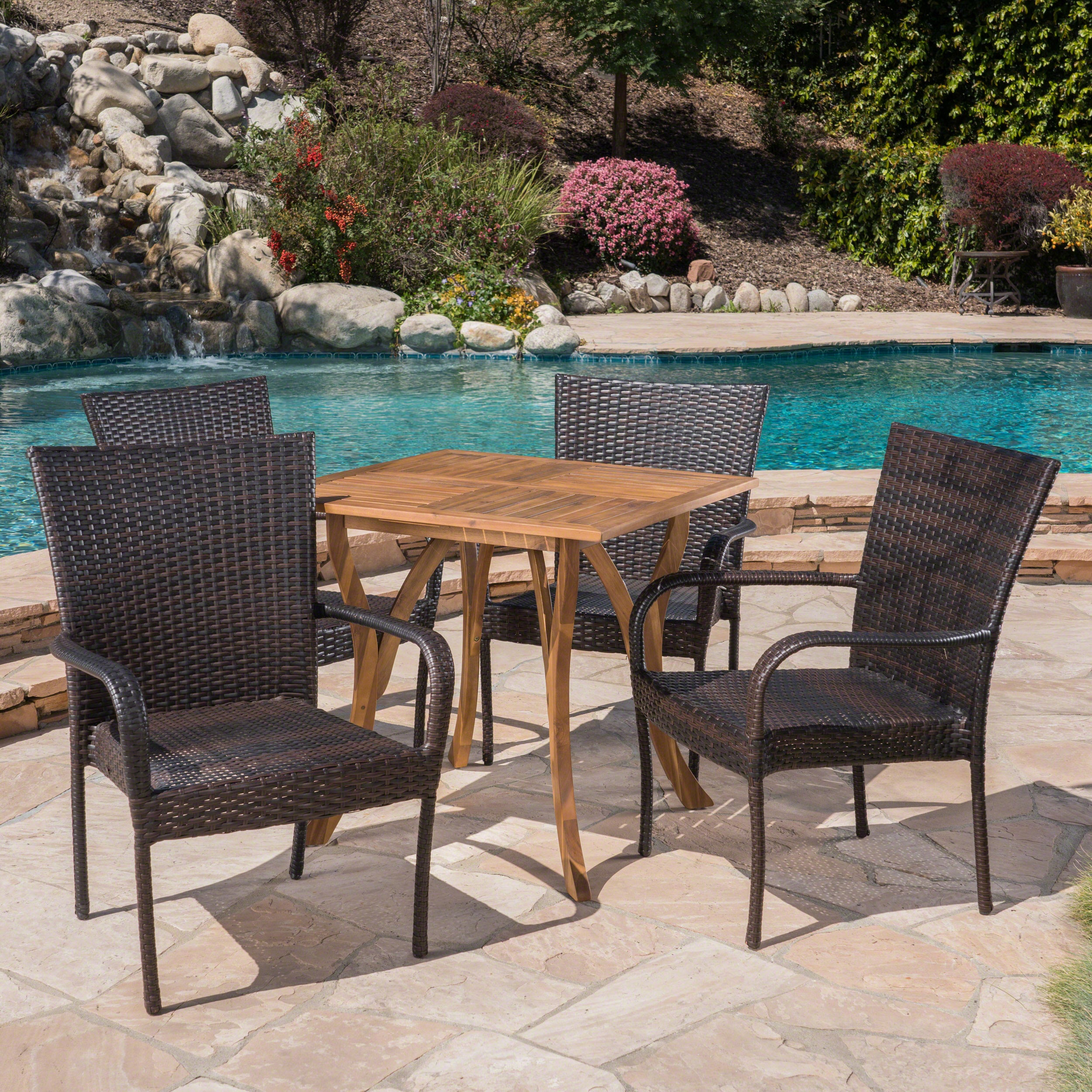 Lebeau Outdoor 5 Piece Acacia Wood/ Wicker Dining Set, Teak Finish and Multibrown