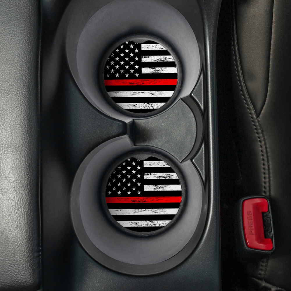 Thin Red Line | Car Coasters for drinks Set of 2 | Car Coaster measures 2.56 inches with rubber backing.