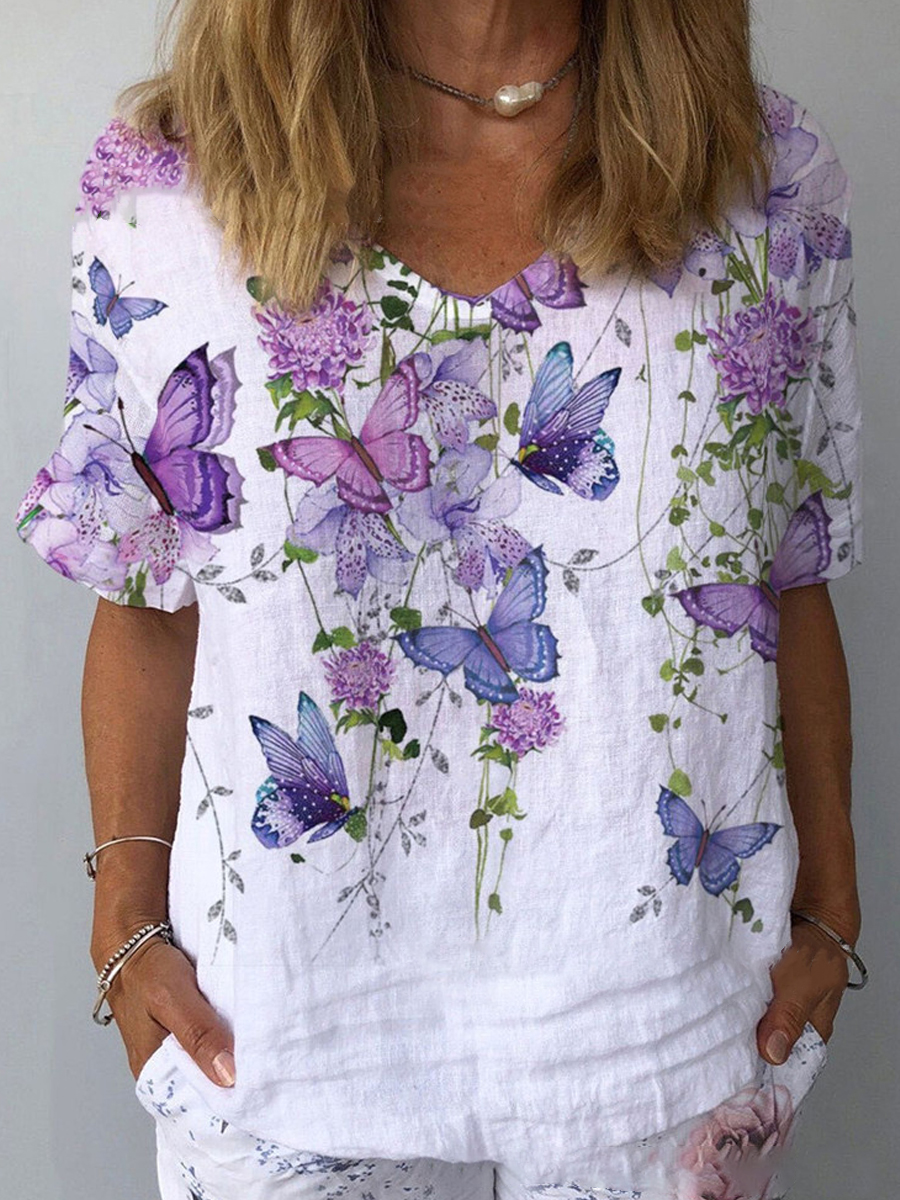 Casual Fashion Floral Print Crew Neck Short Sleeve Blouse