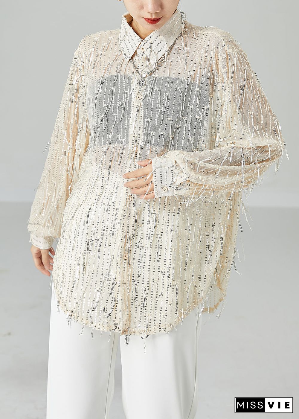 Women Apricot Sequins Tassel Tulle UPF 50+ Shirt Top Summer