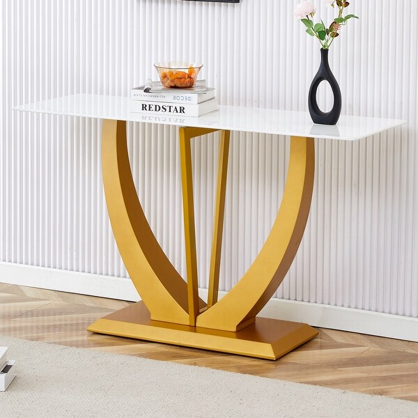 Modern and simple rectangular glass dining table in white with a pattern，white top and gold legs，suitable for entrance